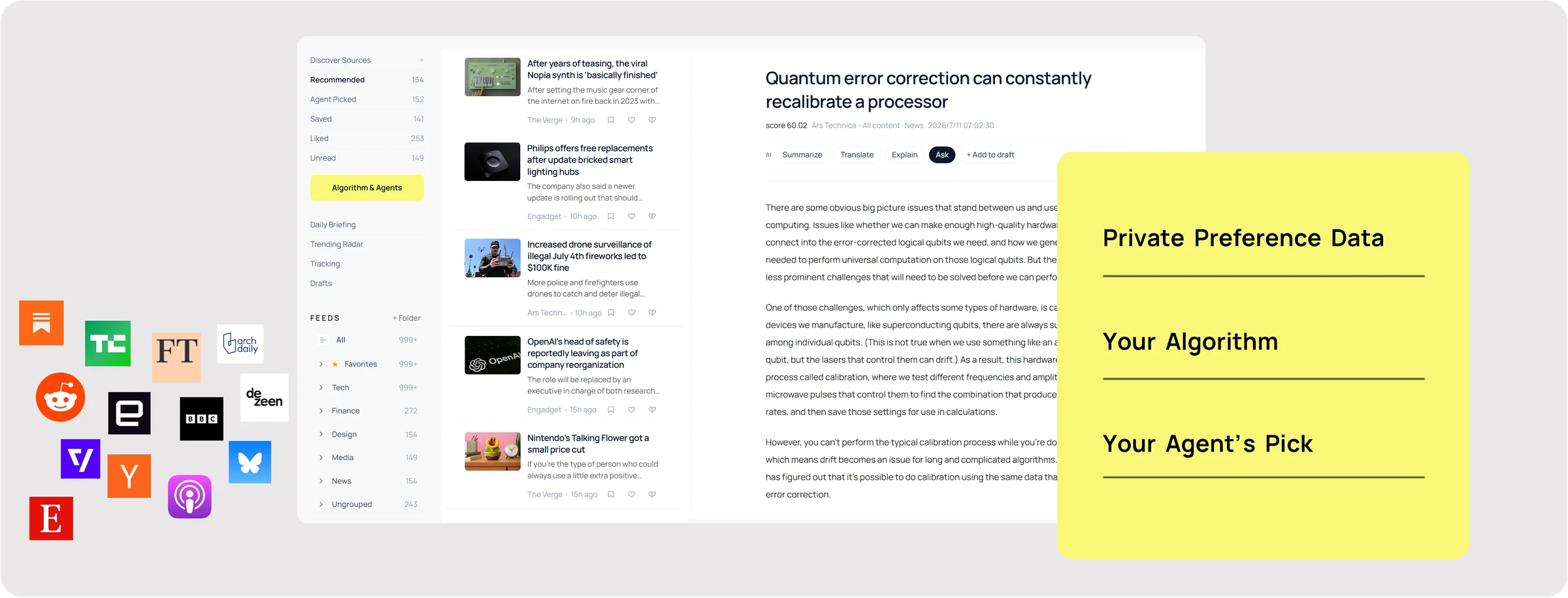 Feedpik RSS feed reader — your RSS sources, private preference data, your ranking algorithm, and your agent's picks